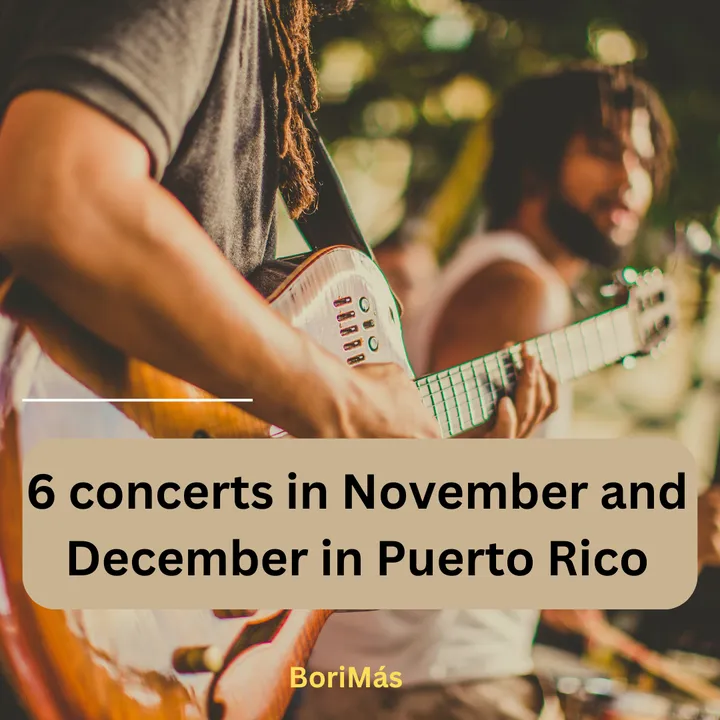 Two musicians playing instruments behind the words "6 concerts in November and December in Puerto Rico".
